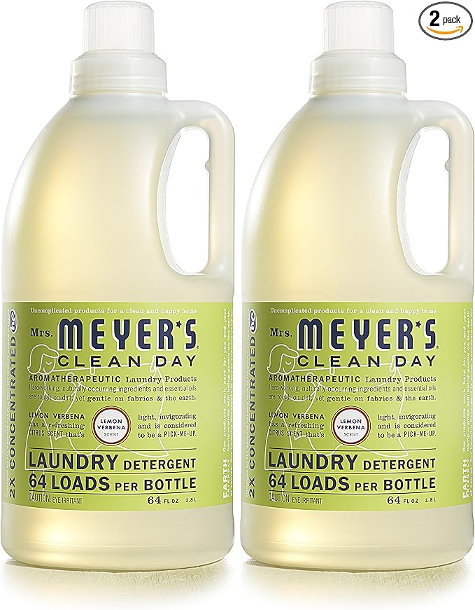 MRS. MEYER'S CLEAN DAY Liquid Laundry Detergent, Infused with Essential Oils, Lemon Verbena, 64 oz - Pack of 2 (128 Loads)