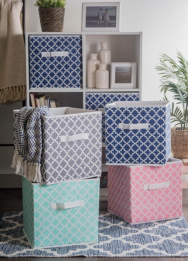 DII Non Woven Polyester Storage Bin, Lattice, Aqua, Small Set of 4