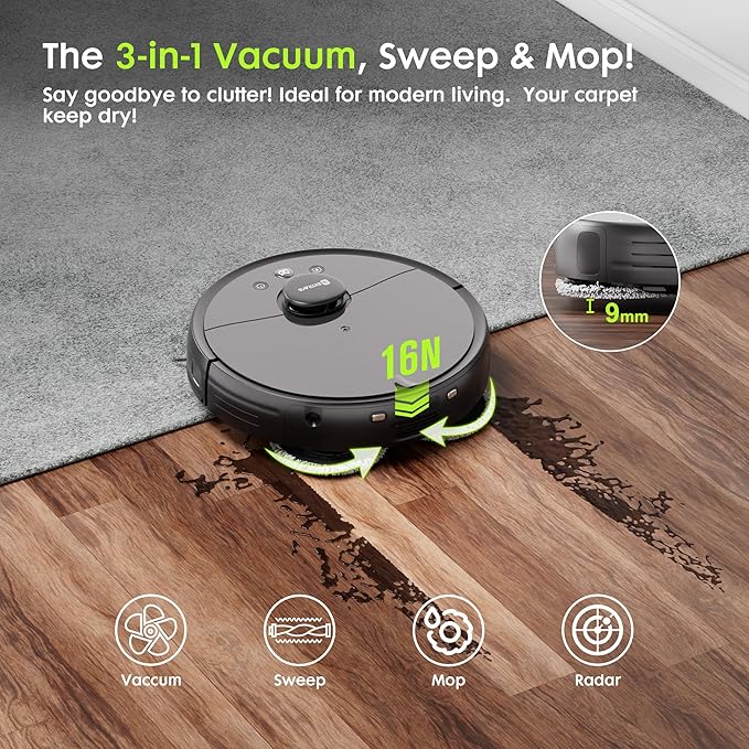 Robot Vacuum and Mop, V5 Tangle Cutter Technology for Pet Hair, 8500Pa Suction, 75-Day Capacity, LDS Navigation, Pet Laser, Robotic Vacuums Cleaner for Hair, Floors, Tile, Carpet, APP & Voice Control