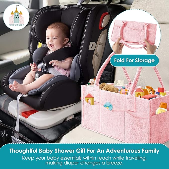 Cute Castle 2 Pack Diaper Caddy Organizer - Portable Baby Caddy Organizer with Handle, Nursery Storage Bin and Car Organizer for Girls, Boys - Baby Gift Basket - Pink