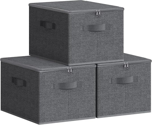 SONGMICS Foldable Storage Organizer Boxes, Set of 3 Storage Basket Bins with Lids, Handles, Clothes Organizer, 15.7 x 11.8 x 9.8 Inches, Non-Woven Fabric, Slate Gray URYZB03G