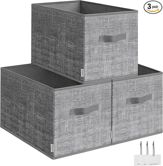 SONGMICS Storage Cubes, 19.7 x 11.8 x 11.8 Inches Non-Woven Fabric Bins with Double Handles, Set of 3, Closet Organizers for Shelves, Foldable, for Clothes, Cattail Gray UROB450G01