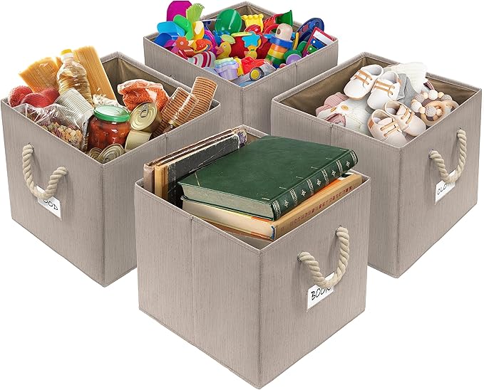 SIMPLE HOUSEWARE 13-Inch Cube Storage Bin With Braided Handles, 3 Pack, Beige