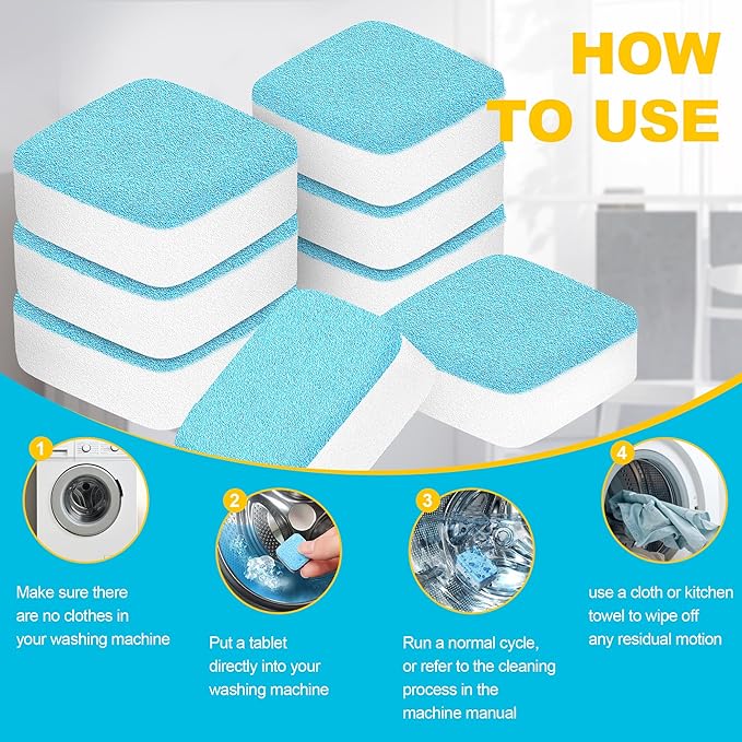 Washing Machine Cleaner Tablets – 24-Pack Deep Cleaning & Descaler for HE, Front Load & Top Load washer cleaner tablets, Septic-Safe, 12-Month Supply