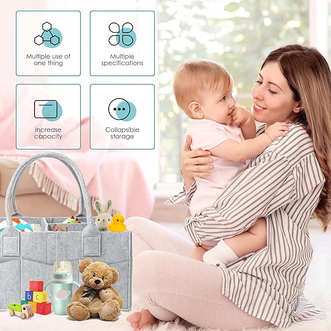 Cute Castle 2 Pack Diaper Caddy Organizer - Portable Baby Caddy Organizer with Handle, Nursery Storage Bin and Car Organizer for Girls, Boys - Baby Gift Basket - Grey, Large