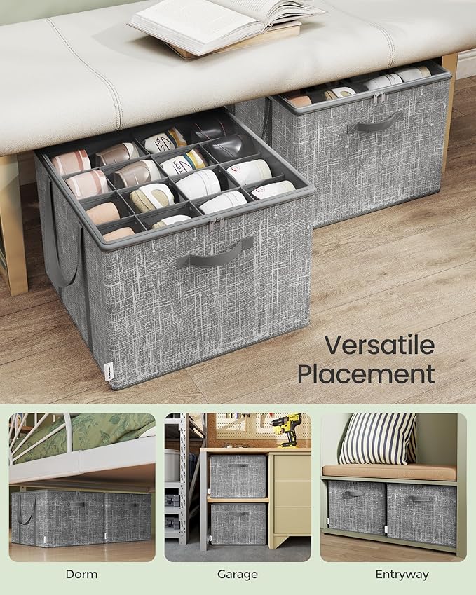 SONGMICS Shoe Organizer for Closet, Fits 16 Pairs, Shoe Storage Bin, Fabric Container with Handles and Clear Cover, for Bedroom, Entryway, Closet, Cattail Gray ULSP601G01