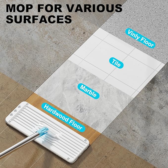 Mop and Bucket Set with Wringer, Dry & Wet Wall Mop Cleaner with Long Handle, Flat Squeeze Spin Dust Mop for Household Floor Cleaning with 4 Microfiber Mops, Turquoise-Cyan
