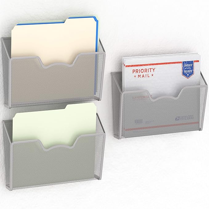 Simple Houseware Wall Mount Single Pocket File Organizer Holder, 3 Packs, Silver