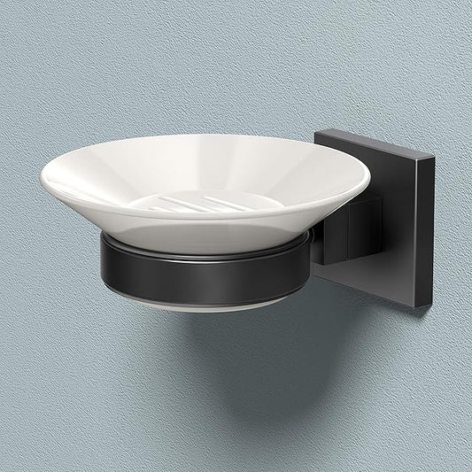 Gatco 1942MX Elevate Soap Dish Holder Matte Black | Wall Mounted 4.31" W X 2.10" H X 5.25" D Porcelain Round White Soap Dish with Matte Black Base for Bathroom