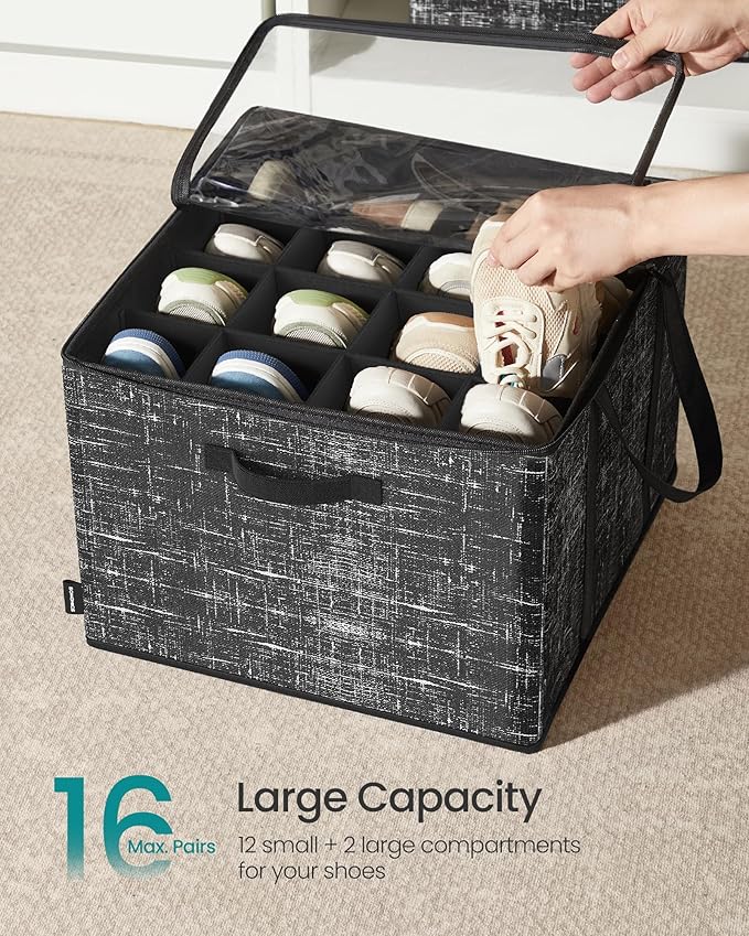 SONGMICS Set of 2 Shoe Organizers for Closet, Fits 16 Pairs Each, Shoe Storage Bins, Fabric Containers with Handles and Clear Cover, for Bedroom, Entryway, Closet, Ink Black ULSP602B01