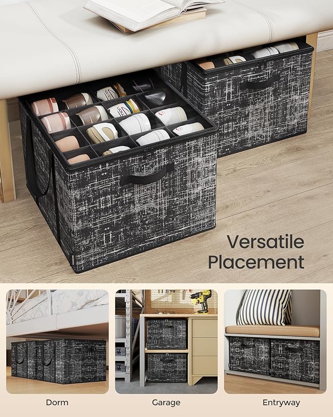 SONGMICS Set of 2 Shoe Organizers for Closet, Fits 16 Pairs Each, Shoe Storage Bins, Fabric Containers with Handles and Clear Cover, for Bedroom, Entryway, Closet, Ink Black ULSP602B01