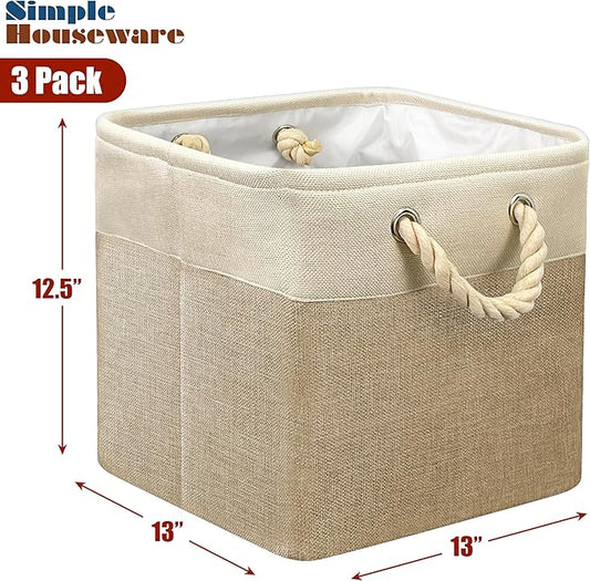 Simple Houseware Fabric Storage Cubes, 13" x 13" Storage Bin, 3 Pack, Beige