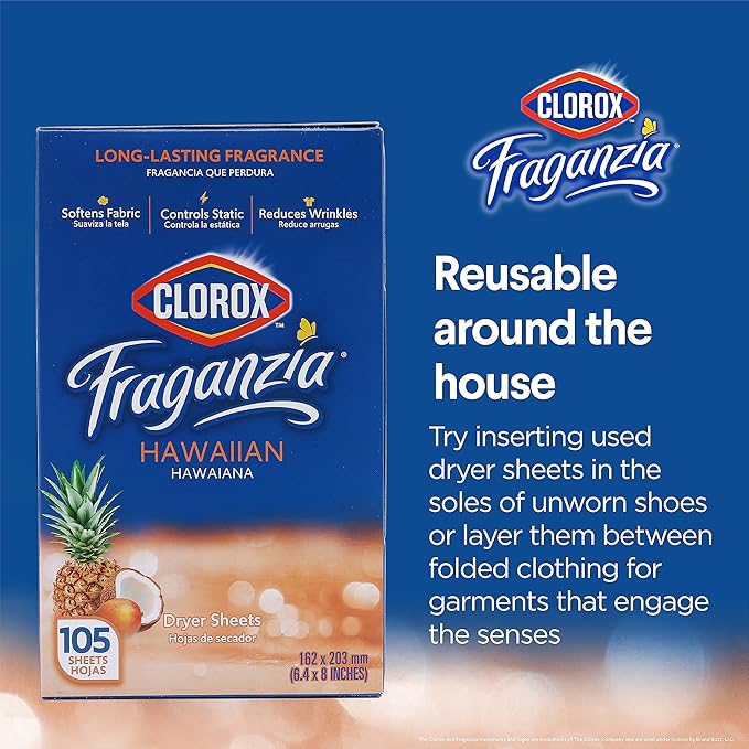 Clorox Fraganzia Dryer Sheets in Hawaiian Escape Scent, 105 Count | Wrinkle-Reducing Fabric Softener Sheets |Best Laundry Dryer Sheets with Long-Lasting Tropical Scent