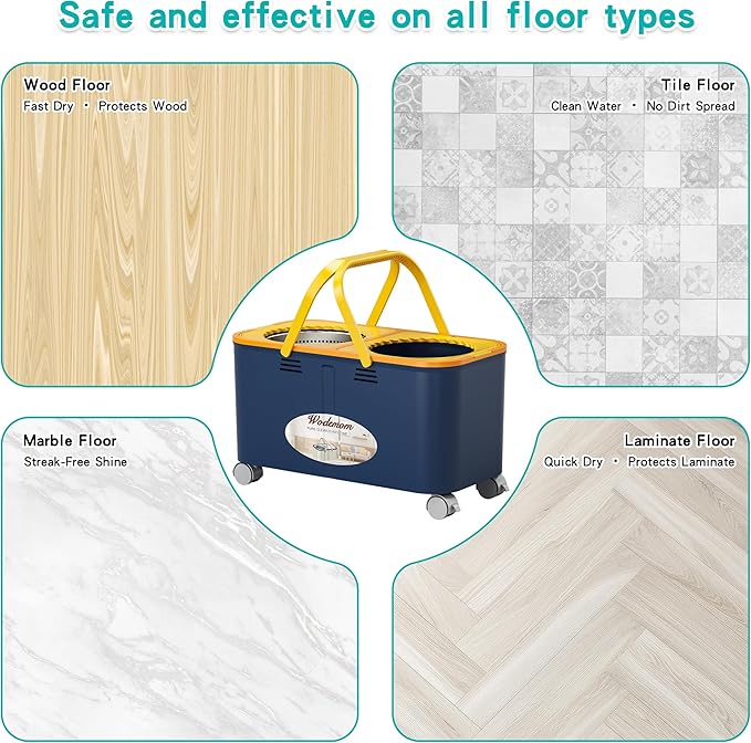 Gen 1 Compact Spin Mop and Bucket with 360° Swivel Wheels, 2026 Upgraded Design for Small Spaces, Clean & Dirty Water System, Wet & Dry Mop, 61" Handle, 6 Reusable Heads-Blue/Yellow