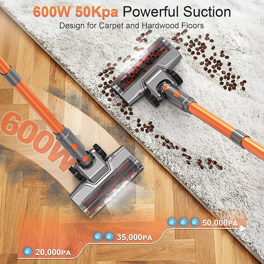 Zefiro Cordless Vacuum Cleaners for Home,600W/50KPA, 55 Mins Runtime Battery Stick Vacuum Rechargeable with Anti-Tangle Brush, 1.5L Cup Vacuum for Pet Hair/Carpet/Floor