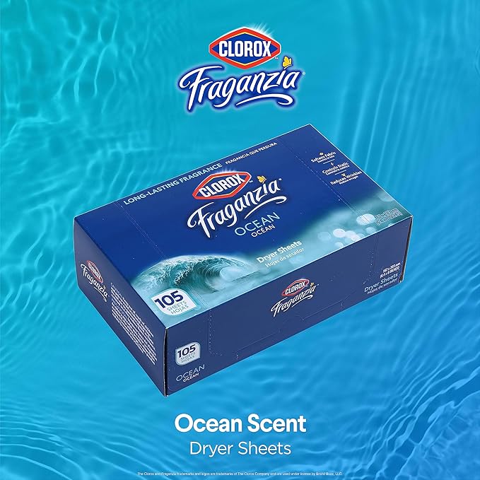 Clorox Fraganzia Dryer Sheets in Ocean Scent, 105 Count | Wrinkle-Reducing Fabric Softener Sheets | Best Laundry Dryer Sheets with Long-Lasting Ocean Scent