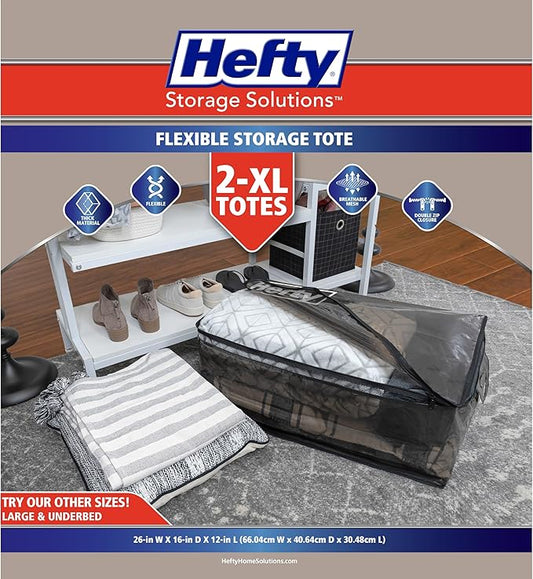 Hefty Storage Bags Extra Large Double Zipper Backpack, Heavy Duty Water Resistant Moving Totes with Shoulder Straps, Foldable Reusable Packing Organizers, 2 Pack (X-Large Black)