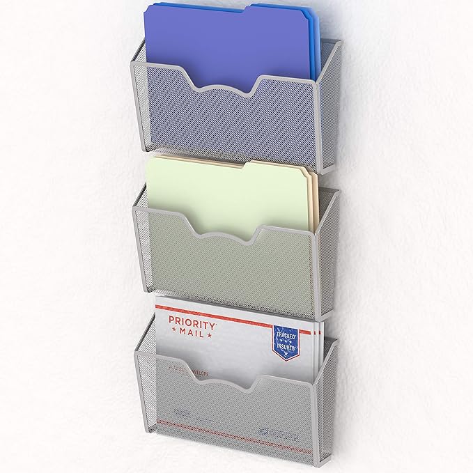 Simple Houseware Wall Mount Single Pocket File Organizer Holder, 3 Packs, Silver
