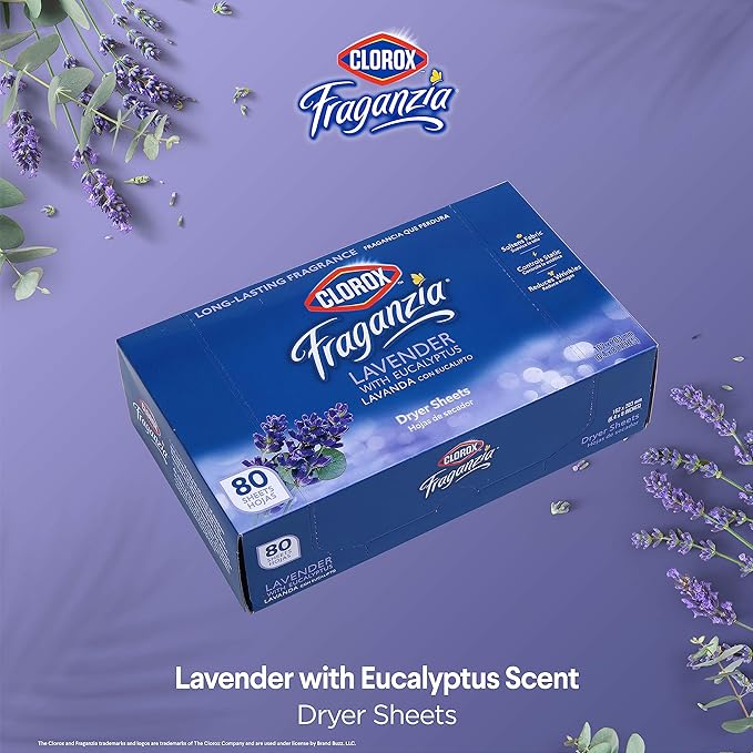 Clorox Fraganzia Dryer Sheets in Lavender with Eucalyptus Scent, 80 Count | Wrinkle-Reducing Fabric Softener Sheets | Best Laundry Dryer Sheets with Long-Lasting Lavender with Eucalyptus Scent