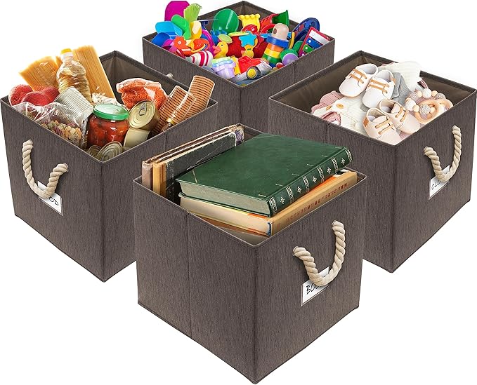 SIMPLE HOUSEWARE 13-Inch Cube Storage Bin With Braided Handles, 3 Pack, Brown