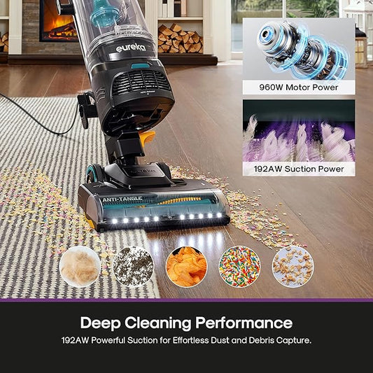 Eureka FlexReach Plus Bagless Upright Vacuum Cleaner for Home,Pet Vacuum for Carpet and Hard Floor, Lift-Up Vacuum with Flooring Type Sensor, HEPA Filter,Anti-Tangle, NEU652, Green
