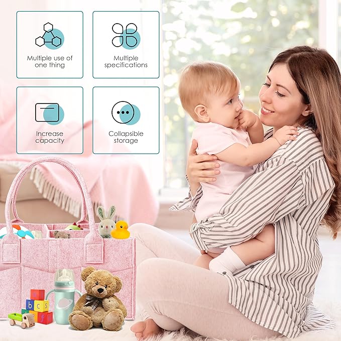 Cute Castle 2 Pack Diaper Caddy Organizer - Portable Baby Caddy Organizer with Handle, Nursery Storage Bin and Car Organizer for Girls, Boys - Baby Gift Basket - Pink