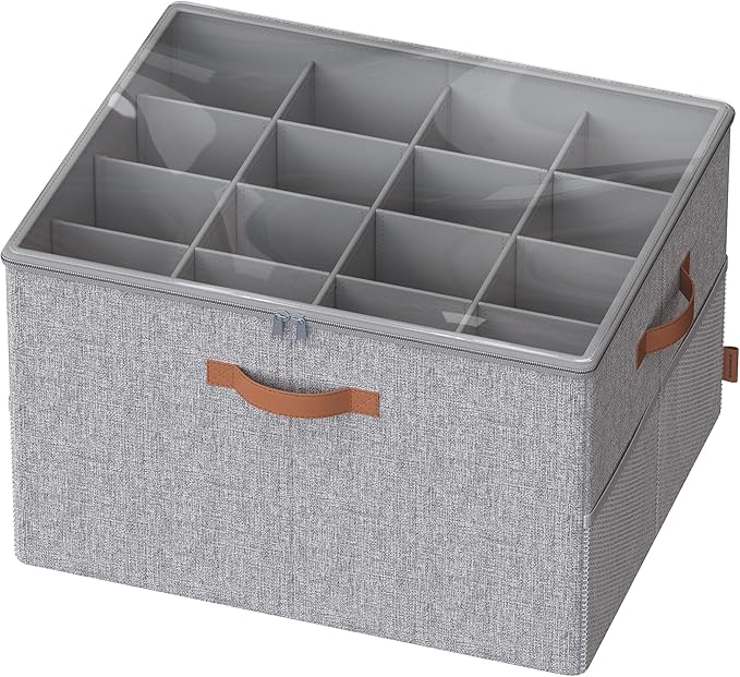 SONGMICS Shoe Organizer for Closet, Shoe Storage Bin, Fits 16 Pairs, Fabric Container with Handles and Clear Cover, Adjustable Dividers, Customizable, Dove Gray ULSP555G01