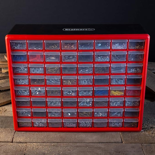 64-Drawer Storage Organizer - Plastic Drawers for Organization - Desktop or Wall-Mounted Container for Hardware, Tools, and Beads by Stalwart (Red)