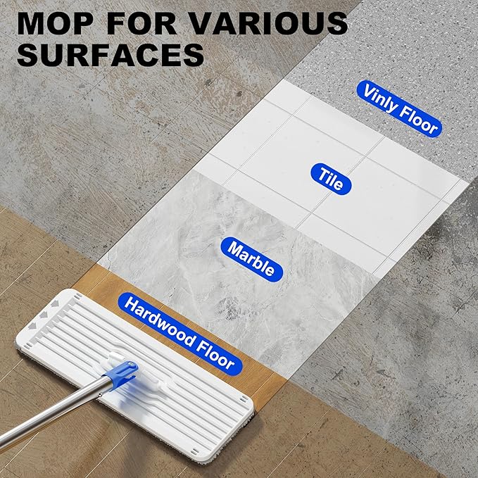 Mop and Bucket Set with Wringer, Squeeze Wall Mop Cleaner with Long Handle, Flat Mop and Bucket System, Dry & Wet Dust Mops for Household Floor Cleaning with 3 Microfiber Mops, Slate Blue