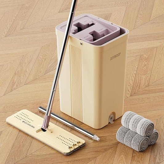 JOYMOOP Mop and Bucket Set (Beige & Blush Brown) with Extension Handle, Ideal for Floor, Window, and Wall Cleaning - Includes 3 Washable Microfiber Pads for Wet and Dry Use