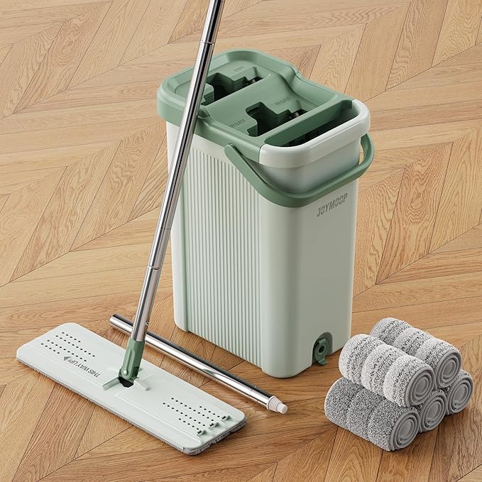 JOYMOOP 8L Large Capacity Flat Mop System (Light Green) with Extension Handle, Ideal for Floor, Window, and Wall Cleaning - Includes 5 Washable Microfiber Pads for Wet and Dry Use
