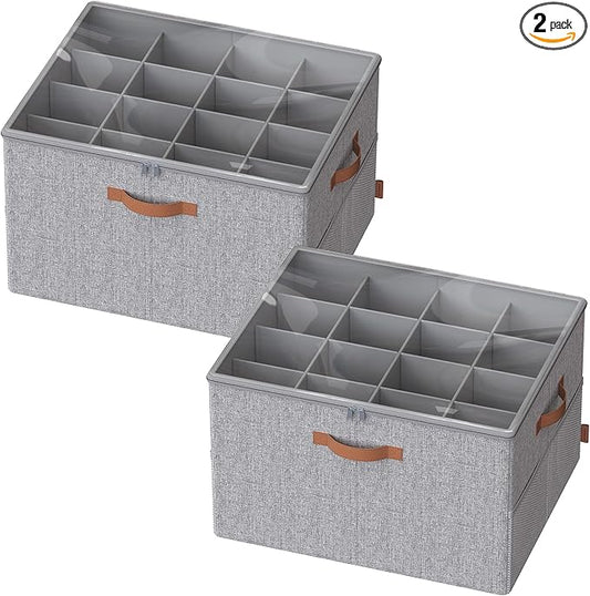 SONGMICS Shoe Organizers for Closet, Pack 2 Shoe Storage Bins, Fits 32 Pairs, Fabric Containers with Handles and Clear Cover, Adjustable Dividers, Customizable, Dove Gray ULSP556G01