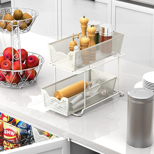 Simple Houseware Cabinet 2 Tier Perforated Basket Drawer, White - 2 Pack
