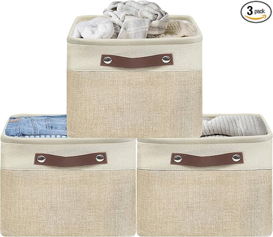 Simple Houseware Large Fabric Storage Bin, 15" x 11" with Leather Like Handles, 3 Pack, Beige