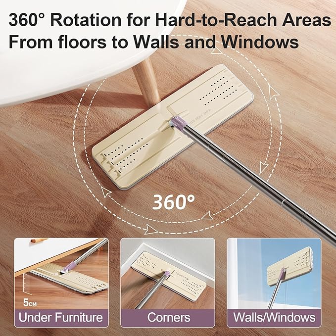 JOYMOOP Mop and Bucket Set (Beige & Blush Brown) with Extension Handle, Ideal for Floor, Window, and Wall Cleaning - Includes 5 Washable Microfiber Pads for Wet and Dry Use