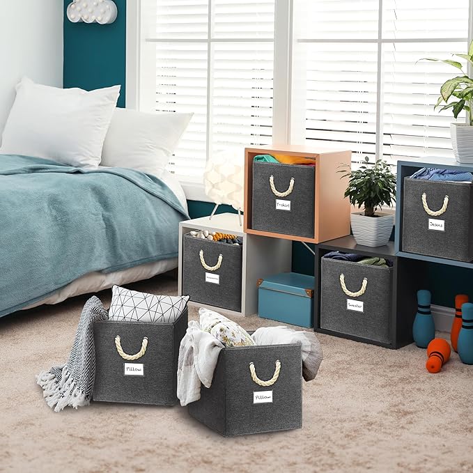 SIMPLE HOUSEWARE 11-Inch Cube Storage Bin With Braided Handles, 4 Pack, Dark Gray