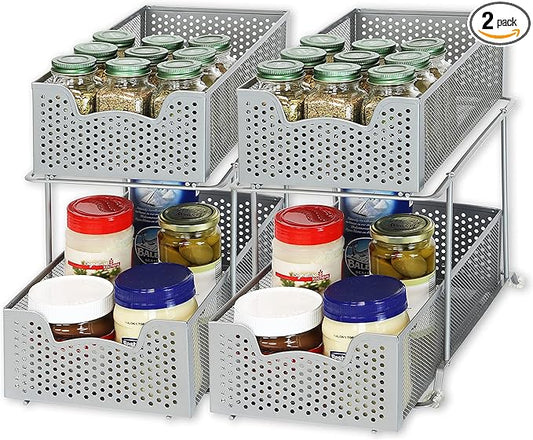 Simple Houseware Cabinet 2 Tier Perforated Basket Drawer, Silver - 2 Pack