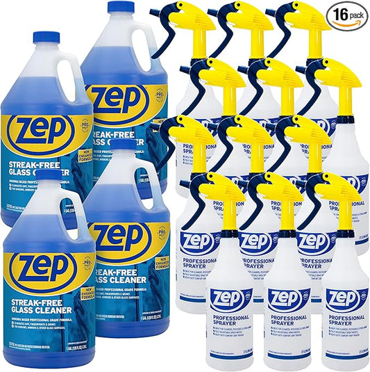 Zep Streak-Free Glass Cleaner 1 Gal (Case of 4) Professional Sprayer Bottle (Case of 12) - ZU1120128 - Ammonia Based Professional Grade Formula