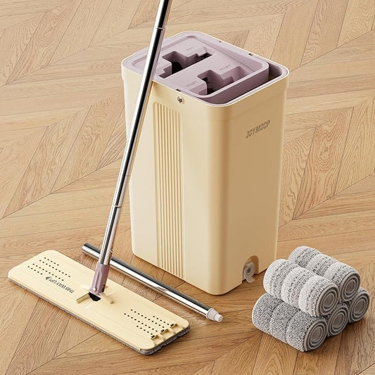 JOYMOOP Mop and Bucket Set (Beige & Blush Brown) with Extension Handle, Ideal for Floor, Window, and Wall Cleaning - Includes 5 Washable Microfiber Pads for Wet and Dry Use