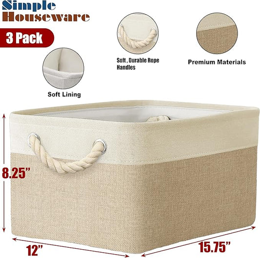 Simple Houseware Large Fabric Storage Bin, 15.7" x 12" with Braided Handles, 3 Pack, Beige