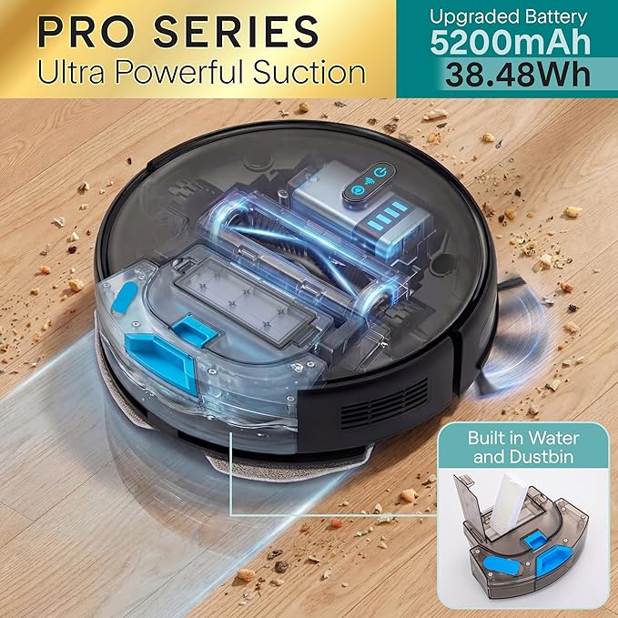 SereneLife Automatic Robot Vacuum Cleaner and Mop Combo, Pro Edition with Upgraded Battery, Extreme Suction, Internal Water Tank - Smart App Control, Ideal for Pet Hair, Carpet and Hard Floors, Black