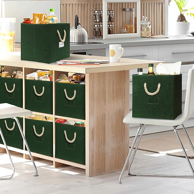 SIMPLE HOUSEWARE 13-Inch Cube Storage Bin With Braided Handles, 3 Pack, Green