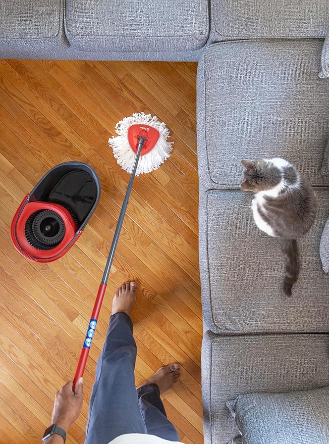 O-Cedar EasyWring Microfiber Spin Mop & Bucket Floor Cleaning System + 2 Extra Refills, Red/Gray