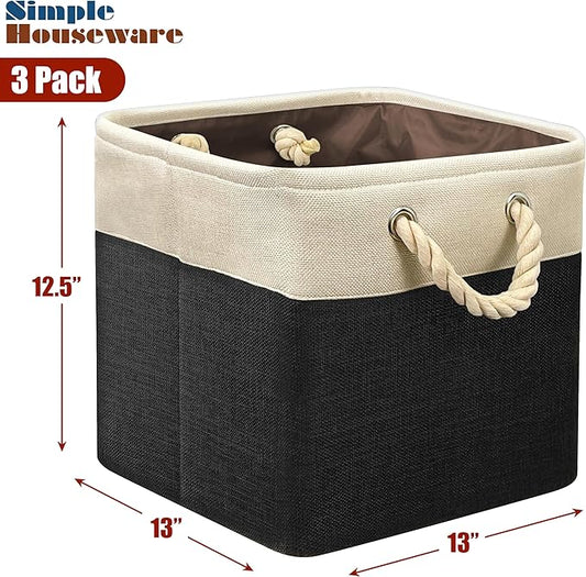 Simple Houseware Fabric Storage Cubes, 13" x 13" Storage Bin, 3 Pack, Black