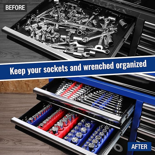 WORKPRO 8-Piece Magnetic Socket Organizer and Magnetic Wrench Organizer Set, Socket Holder Set 1/4", 3/8", 1/2" Drive Metric SAE Socket Storage, Metric SAE Wrench Holder(Socket, Wrench not Included)