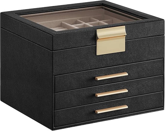 SONGMICS GISELLA Collection - Jewelry Box Organizer, 4-Layer Jewelry Storage with 3 Drawers, Shiny Metal Hardware, Glass Lid, Modern, 8 x 9.1 x 6.5 Inches, Ink Black and Gold Color UJBC173B01