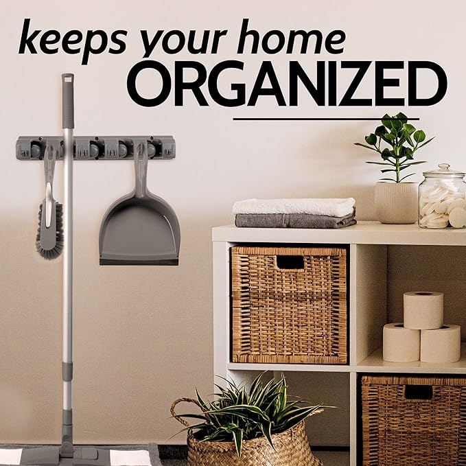 Zulay Home Mop and Broom Organizer Wall Mount - Easy To Install Mop and Broom Holder Wall Mount For Storing Cleaning Supplies - Organizer Utility Racks Mop Holder and Broom Hanger (5 Slots, Gray)