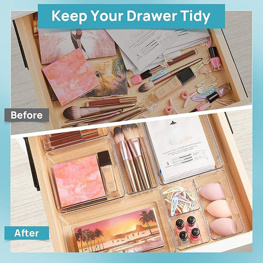 Vtopmart 66 PCS Clear Plastic Drawer Organizer Bins, 4-Size Versatile Bathroom and Vanity Organizer Trays, Acrylic Storage Containers for Makeup, Jewelry, Toiletry, Kitchen Utensils and Office Supply