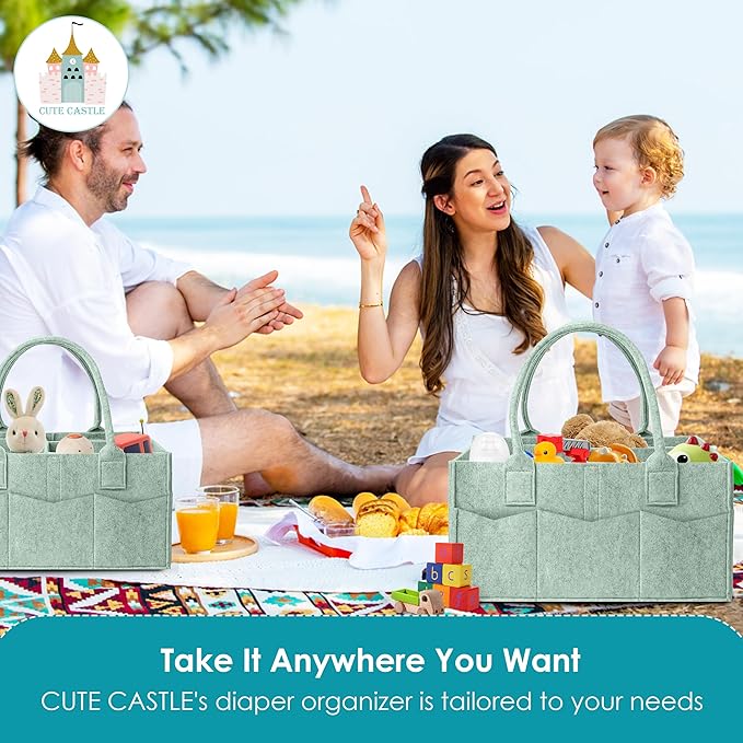 Cute Castle 2 Pack Diaper Caddy Organizer - Portable Baby Caddy Organizer with Handle, Nursery Storage Bin and Car Organizer for Girls, Boys - Baby Gift Basket - Green, Large