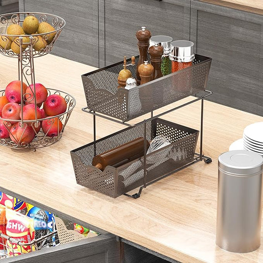 Simple Houseware Cabinet 2 Tier Perforated Basket Drawer, Bronze - 2 Pack